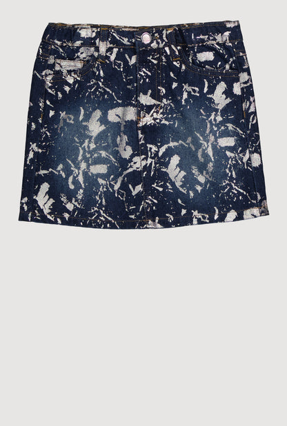 Little Girls Foil Screen Paint Splatter Denim Skirt