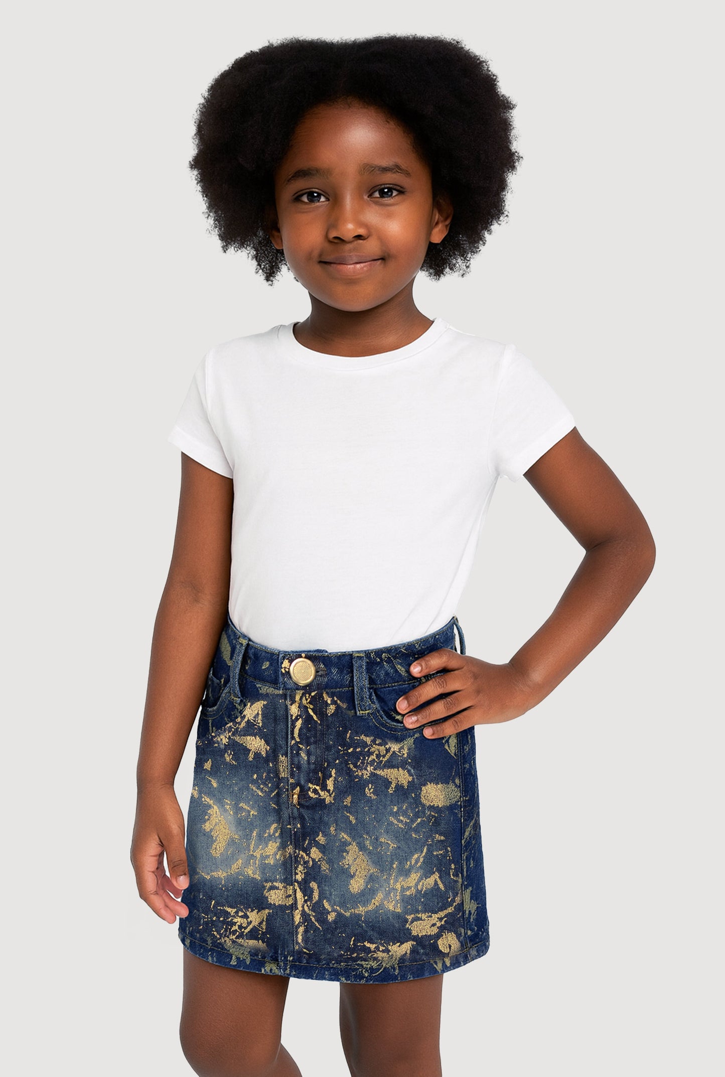 Little Girls Foil Screen Paint Splatter Denim Skirt